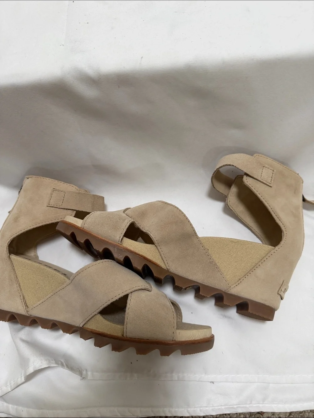 Sorel Bone Suede Wedge Sandals with Ankle Strap and Back Zip